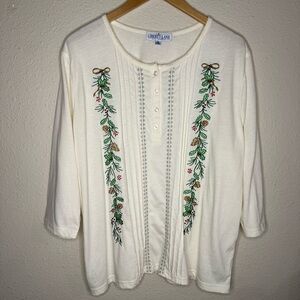 Liberty Lane Henley Top Holly Berries Embroidery 3/4 Sleeve Cream Women’s Sz XL
